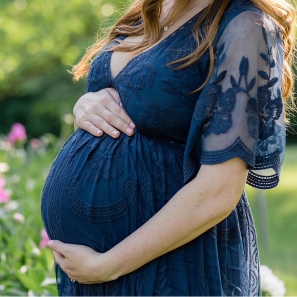 PinkBlush Navy Blue Lace Mesh Overlay Maternity Maxi Dress - Small - Picture 3 of 3